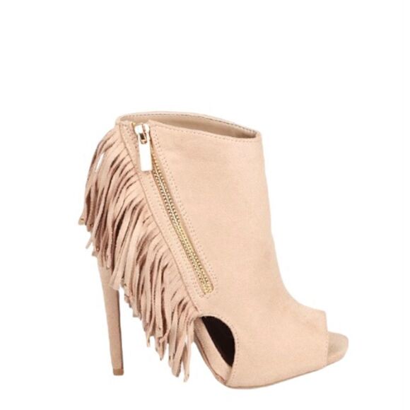 Qupid Nude Suede Studded Vertical Fringe Peep Toe Cutout Stiletto Bootie - Picture 1 of 10